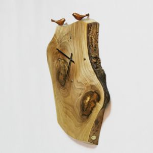 Large wooden wall clock with two birds