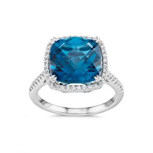 Cushion cut London blue topaz and diamonds ring