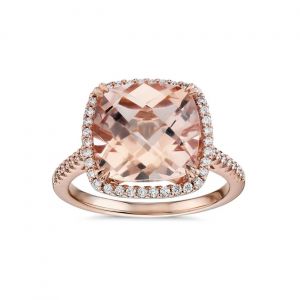 Cushion cut morganite ring with diamonds