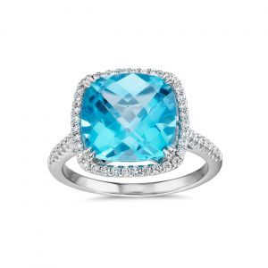 Cushion cut Swiss blue topaz and diamonds ring