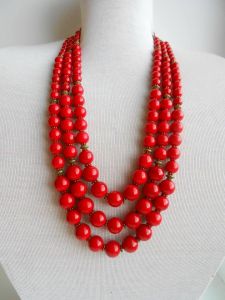 Red clay bead 3 rows necklace