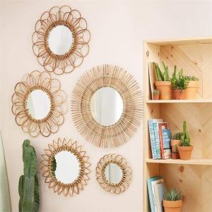 Set of 5 rattan wall mirrors