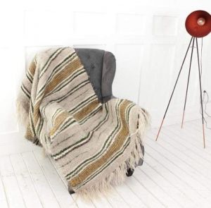 Striped wool throw for sofa "Gray and olive stripes"